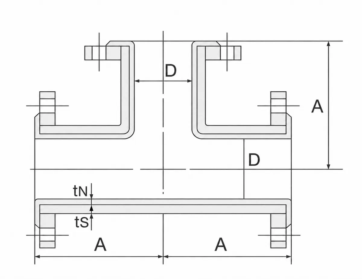 Dimension drawing of a bimetal tee with the dimensions marked D, A, tS and tN