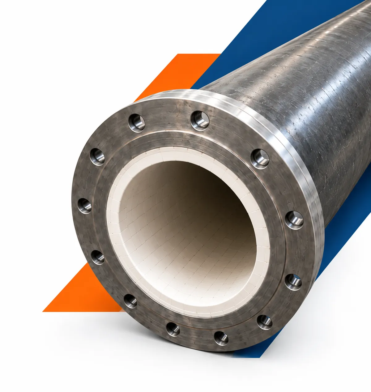 Illustration of a large flanged steel pipe with a white ceramic lining